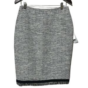 Calvin Klein Pencil Skirt Size 4 Women's Black White Metallic Tweed Fringe New